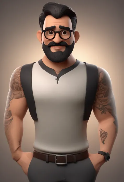 Cartoon character of a man with black glasses and a black polo shirt, cabelo liso, With beard and old school tattoo on his arm, animation character, Caractere estilizado, animation style rendering, 3D estilizado, Arnold Maya render, 3 d render stylized, to...