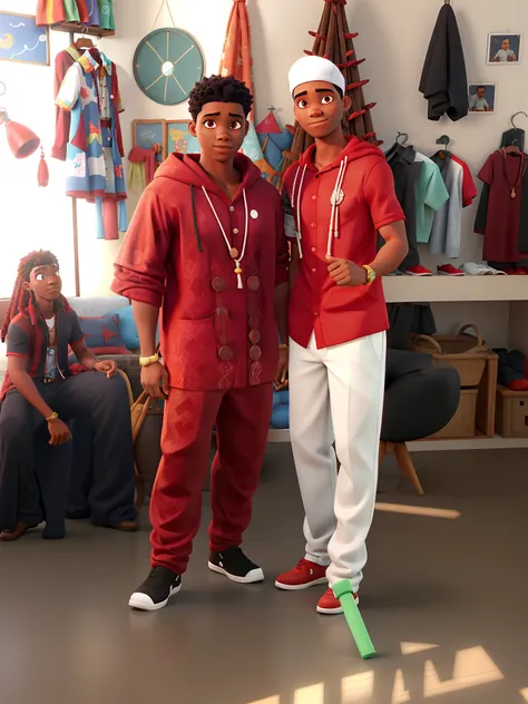 Two black men dressed in macumba clothes, one in pants, vermelha e blusa, vermelha e chapel, red and one black and white drawstring and the other of trousers, branca blusa, vermelha e chapel, branco com uma tira vermelha estilo disney pixar em alta qualida...