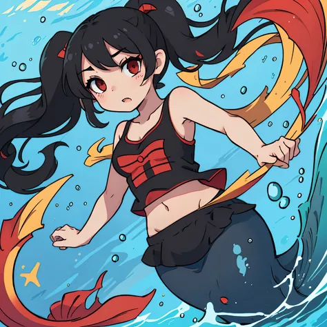 Ashley from warioware( young girl, black hair in long twintails, red eyes, blank expression) small camisole top, mermaid, mermaid tail, midriff, underwater