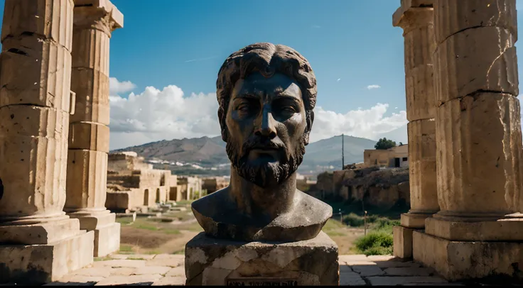 Ancient Stoic Statue With Very Angry Expression, tem barba, muitos detalhes em ambos os olhos, Outside, fundo atenas grego, open sky, com rosto extremamente detalhado full body view, Colors with low saturation with dark tone, Filmado em Sony A7S III com So...