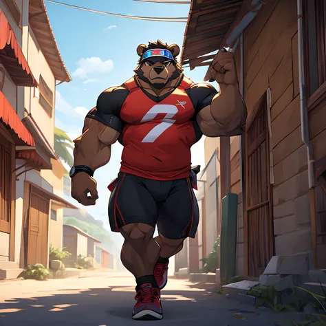 Cartoon of an anthropomorphic bear, standingn, de frente, thick arms, muscular arms, pernas grossas, pernas musculosas, peludo, Right arm holding visor, com camiseta preta colada, bermuda ciclista preta, of running shoes, looking down towards the camera, f...