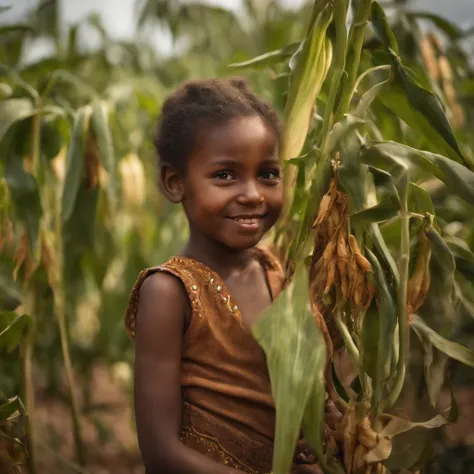 a girl and a boy,beautiful detailed eyes and face,brown skin,smiling,harvesting corn in a sunny garden,African landscape,cultural attire,focused and determined,bushy green plants,tall and ripe cornstalks,golden sunshine,rich soil,dust particles in the air,...