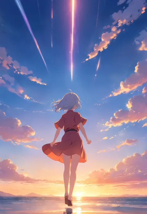 tmasterpiece，best qualtiy，Best Picture Quality，cinematic Film still from，1girl，Long silver-white hair fluttered in the air，Red eyes，Cloud Girl，Floating in the sky，closeup cleavage，blushing slightly，is shy，Warm and soft lighting，the sunset，（spark of light：0...