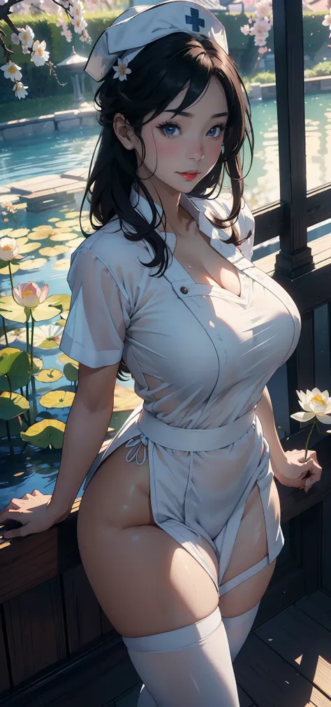 1female，45 yers old，Married Woman，熟妇，mature，plumw，extremely large bosom，Big breasts Thin waist，long leges， 独奏，（Background with：Apricot blossom grove，lotus flower，ponds，rosette，trpical garden） She has short black hair，bobo head，，seen from the front， Stand a...