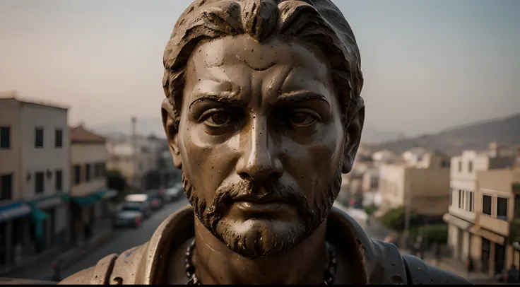 Ancient Stoic Statue With Very Angry Expression, tem barba, muitos detalhes em ambos os olhos, Outside, fundo atenas grego, open sky, com rosto extremamente detalhado full body view, Colors with low saturation with dark tone, Filmado em Sony A7S III com So...