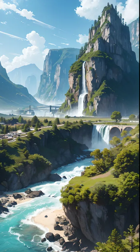 masterpiece, best quality, high quality, extremely detailed CG unity 8k wallpaper, scenery, outdoors, sky, cloud, day, no humans, mountain, landscape, water, tree, blue sky, waterfall, cliff, nature, lake, river, cloudy sky,award winning photography, Bokeh...