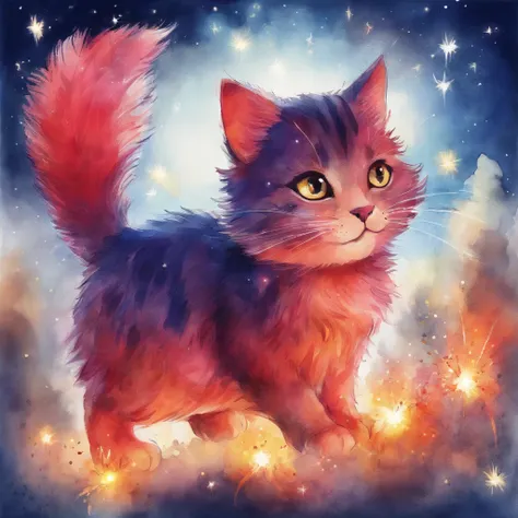 Cat Fireworks Display　Fantastic atmosphere　Picture book illustrations　watercolor paiting　Overall, the color is strong red