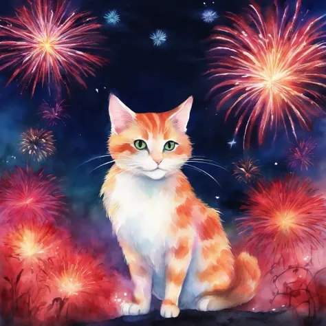 Cat Fireworks Display　Fantastic atmosphere　Picture book illustrations　watercolor paiting　Overall, the color is strong red