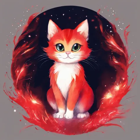 Cat Fireworks Display　Fantastic atmosphere　Picture book illustrations　watercolor paiting　Overall, the color is strong red