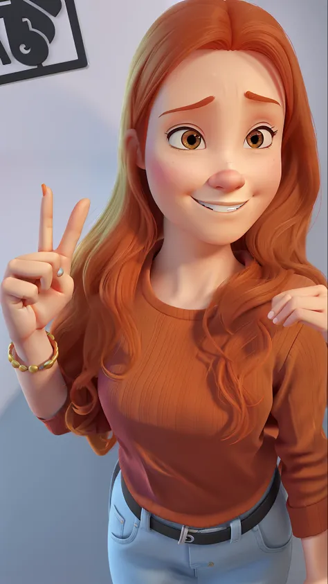 thin woman with orange hair and doing the number 2 with her index (second finger) and middle (third finger) fingers on a 5-fingered hand Disney Pixar, alta qualidade, melhor qualidade.