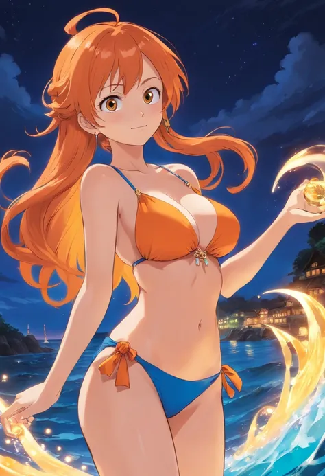 Nami from one piece, hair orange and light orange, hair flowing in wind, wearing blue bikini, its night, bright orange and yellow light, her tattoo on her left arm, front view, standing, style looks softer, uses brighter colors, wearing golden bracelet, 4k...