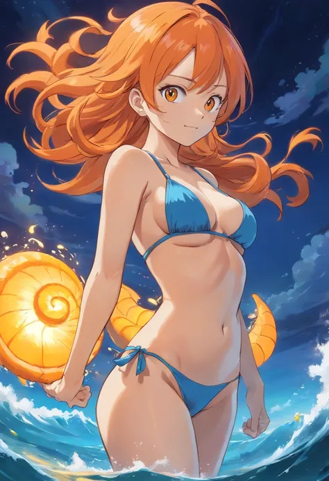 Nami from one piece, hair orange and light orange, hair flowing in wind, wearing blue bikini, its night, bright orange and yellow light, her tattoo on her left arm, front view, standing, style looks softer, uses brighter colors, wearing golden bracelet, 4k...