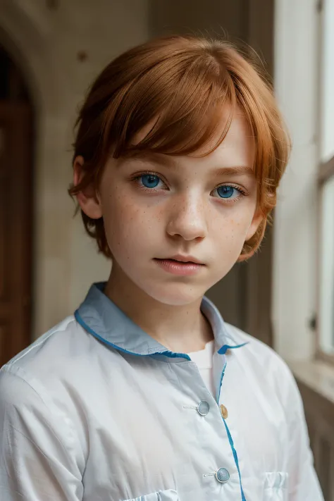 (1boy, 11 years old, professional photography), {{victorian tunic, 8k quality}}, (ginger hair, blue eyes), freckles, short hair, bangs, ((perfect nose)), (RAW image, pale skin)