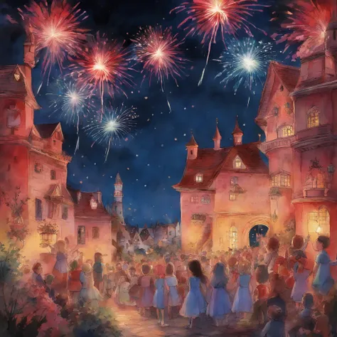 Watching a fireworks display with 100 cats　Fantastic atmosphere　Picture book illustrations　watercolor paiting　Overall, the color is strong red