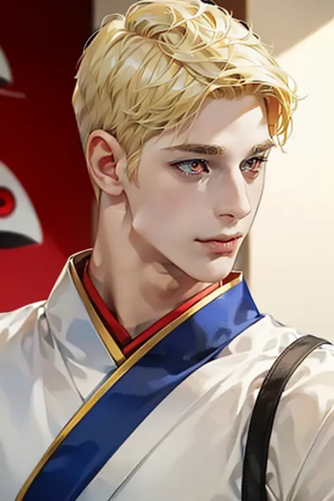 Young guy, (((blond short hair))), (((red-eyes))), Cheerful expression on his face, ((Perfect eyes)), ((Equal Eyes)), Extremely detailed, portraite of a, (((1 guy))), (((A detailed eye))), (独奏), (((athletic physique)))