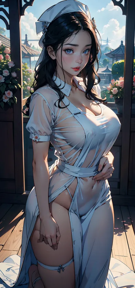 1female，45 yers old，Married Woman，熟妇，mature，plumw，extremely large bosom，Big breasts Thin waist，long leges， 独奏，（Background with：Apricot Forest，lotus flower，ponds，rosette，trpical garden） She has short black hair，bobo head，，seen from the front， Kneel among th...