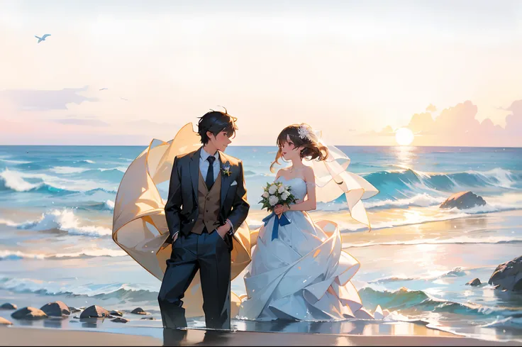 (Best quality,4K,A high resolution:1.2), Beautiful bride and groom standing on a rock by the sea,Candid wedding photography,cute couple,Portrait of love,Happy couple, Portrait of an intimate couple, Groom and bride,Romantic seaside wedding,Silhouette of th...