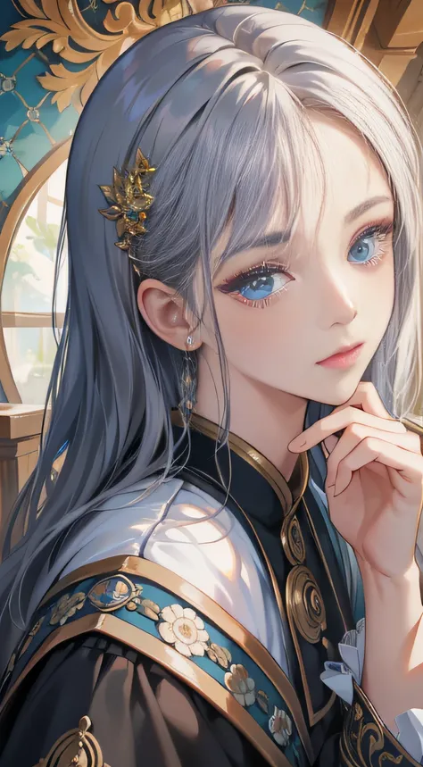 (absurderes、hight resolution、ultra-detailliert)、1girl in、Master piece, a matural female、silber hair、length hair、bluntbangs、blue eyess、doress、long-sleeve、finely detailed  eyes and detailed face、intricate-detail、BREAK mosaic art、small pieces、colorful tessera...