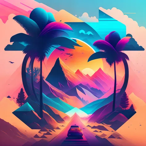 (best quality, highres, vivid colors),(minimalist landscapes,geometric shapes:1.1),(t-shirt design:1.1),(halfway in the journey),(vector art),(colorful gradients),(soft lighting)