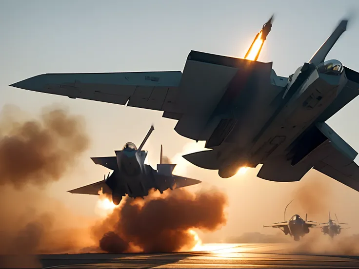 Film still action movie, F35 in an aerial combat firing missiles at enemy’s fighter jets and explosions ocurring, on the middle east, high angle, golden hour, dynamic movements, low saturated color, taked by Arri Alexa 65, directed by Michael Bay, style ra...