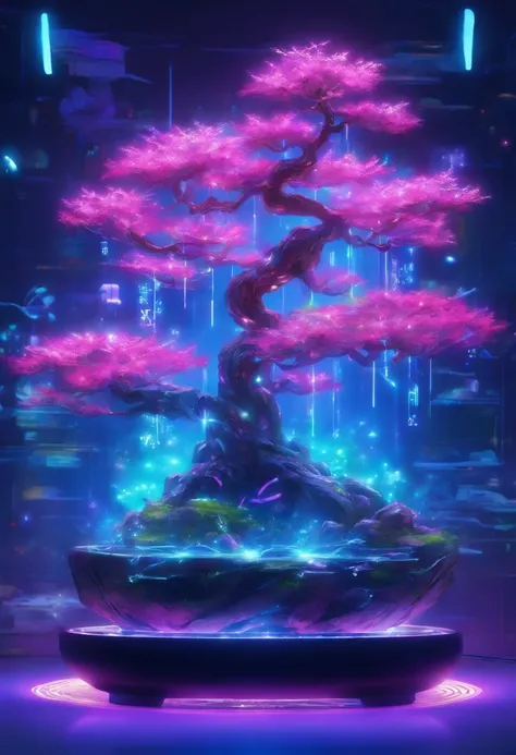 Futuristic Bonsai. Description: Imagine a bonsai tree in a futuristic setting, with a blend of organic and technological elements. Tree: Depict a miniature bonsai tree with sleek metallic branches and glowing bioluminescent leaves. Pot: Showcase an intrica...