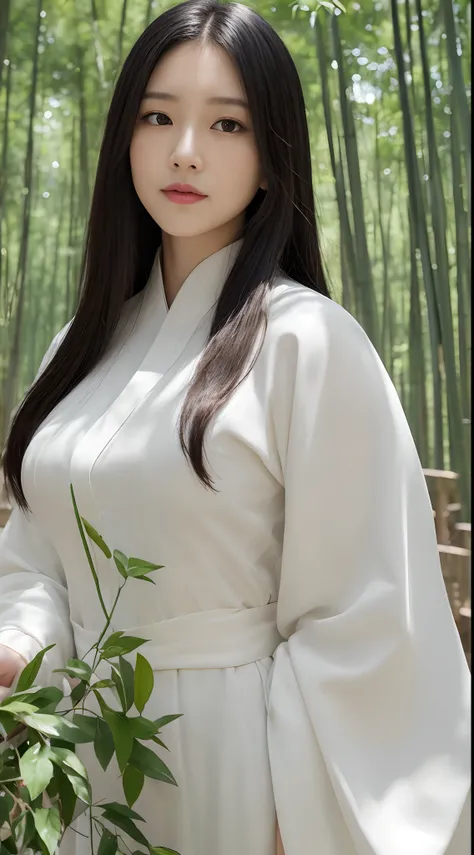 (Best quality,4K,A high resolution,Masterpiece:1.2),Realistic,White Hanfu,Long black hair,Beautiful detailed eyes,beautiful detailed lips,peaceful expression,Gentle smile,Hazy bamboo forest，ssmile,Semi-hidden paths,Dappled sunlight,tranquil ambiance,Tradit...