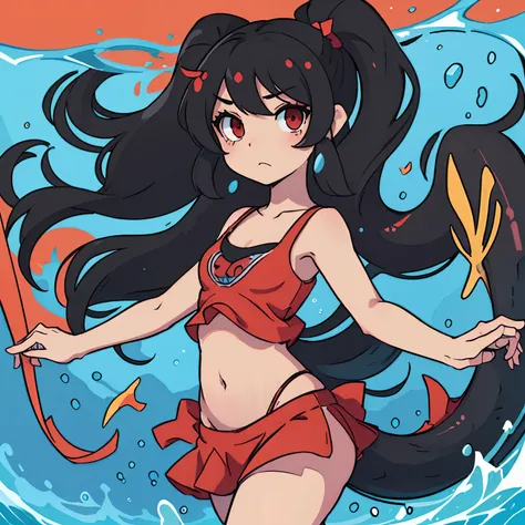 Ashley from warioware( young girl, black hair in long twintails, red eyes, blank expression) small camisole top, mermaid, mermaid tail, midriff, underwater