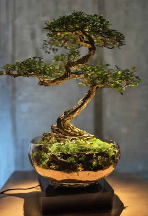 Futuristic Bonsai. Description: Imagine a bonsai tree in a futuristic setting, with a blend of organic and technological elements. Tree: Depict a miniature bonsai tree with sleek metallic branches and glowing bioluminescent leaves. Pot: Showcase an intrica...