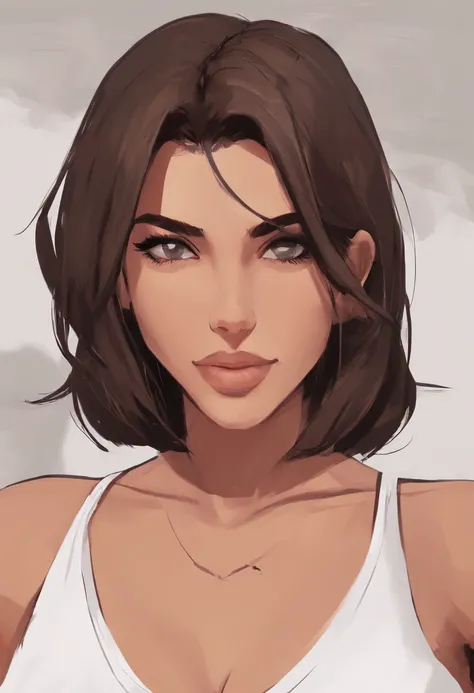 (((Masterpiece))), ((Detailed)),[[photorealistic]] [Fortnite art style] a beautiful straight haired with straight bangs, long bob cut haired, sienna skin, dark brown eyed, adult tall german woman with a White Tank Top And A Short in a modern bedroom, fitne...