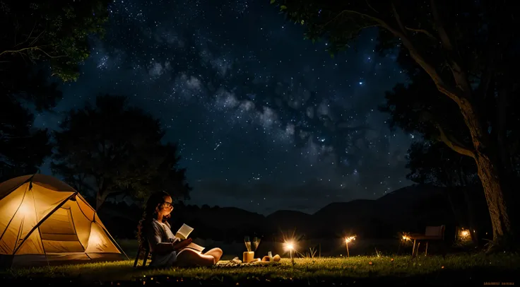 Cub sitting on grass and reading a book, Long black curly hair, with glasses on, gentle smile, Bright brown eyes, looking up at the sky, lamp light, Whole body, Under a huge tree, Faraway view, Tent in the background, Starry sky, Illuminated Night, Photogr...