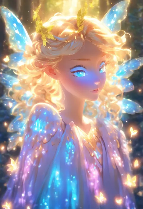 Faerie Princess. Description: Depict a mature adult girl with ethereal features, delicate wings, and flowing golden hair (Golden hair:1.2) adorned with shimmering flowers. Setting: Enchanted forest with glowing mushrooms, sparkling waterfalls, and magical ...