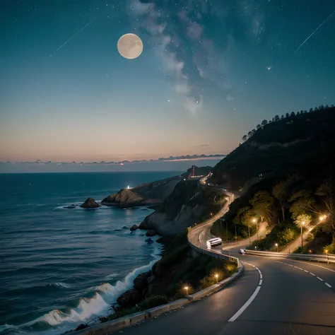 motorcyclists going up a winding road over the sea towards a huge, bright moon between the mountains, with their motorcycles, with a beautiful ocean in the background, a sky with many stars.