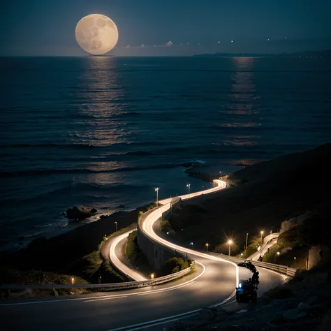 motorcyclists going up a winding road over the sea towards a huge, bright moon between the mountains, with their motorcycles, with a beautiful ocean in the background, a sky with many stars.