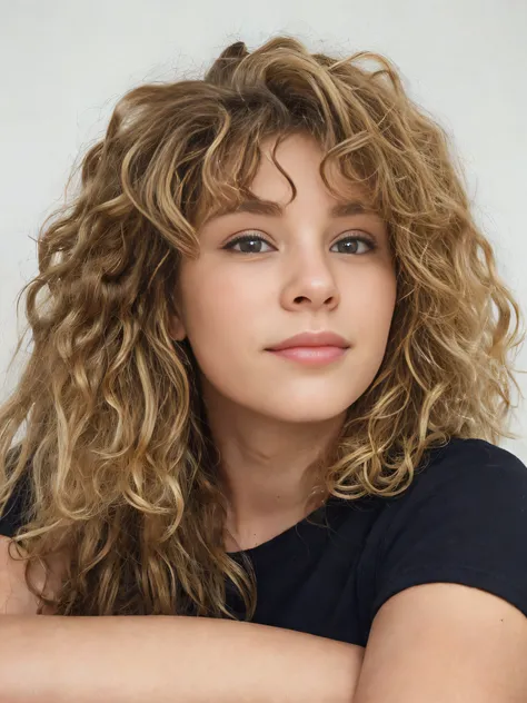 There is a woman with curly hair, posing for photography, curly blonde hair | D & D, very, Very curly blonde hair, "very very very curly hair", Her face is framed by curls, curly bangs, curly blonde, blond curly hair, pale skin, curly blonde hair, curly ha...