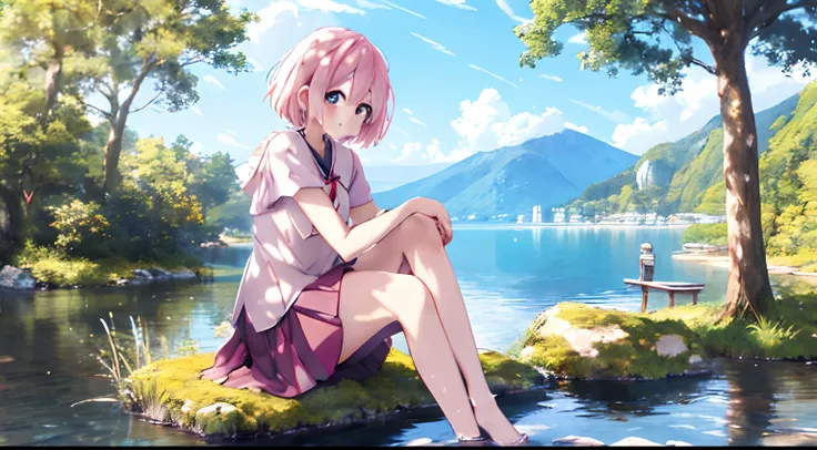 Anime girl sitting on a rock and looking at the lake, anime wallpaper 4k, anime wallpaper 4k, Anime Art Wallpapers 4K, Anime Art Wallpapers 4K, 4k anime wallpaper, hd anime wallaper, Anime Nature Wallpap, Anime Landscape Wallpaper, anime wallaper, anime st...