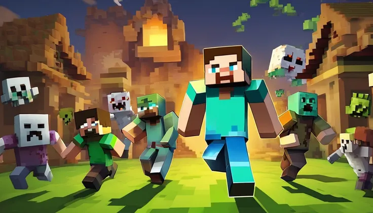 make me a Minecraft girl character with a panicked face with white skin running from a lot of zombies, the zombie has green skin with a scary face and is chasing the woman in the background of the village situation time at night