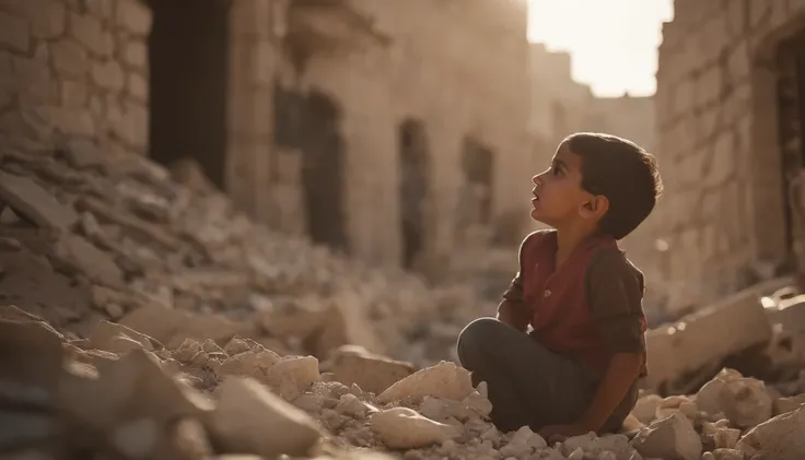 A Palestinian child cries and searches for his mother among the rubble make it more cinematic and real