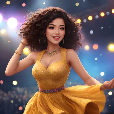 "(best quality,ultra-detailed,realistic:1.37),3D rendering,illustration,character design,short dark curly hair,beautiful detailed eyes, pixar style,morena woman,dancing on the Disney stage,lively atmosphere,vivid colors,stage lights,joyful expression"