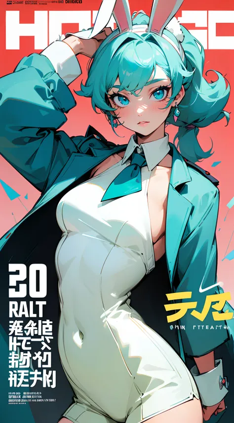 Beautiful woman , curly hair , teal hair , hair in a ponytail , blue eyes , pale skin , ((white bunny ears:1.2)), large breast, age 33, 

Solo, sfw, cap, shorts, jacket, (Magazine cover-style illustration of a fashionable character in vibrant outfit posing...