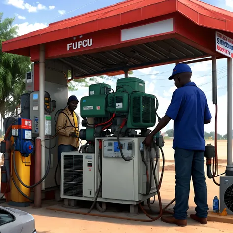 Two men with generators fueling at the fuel pumps that is written frelimo and that makes it red