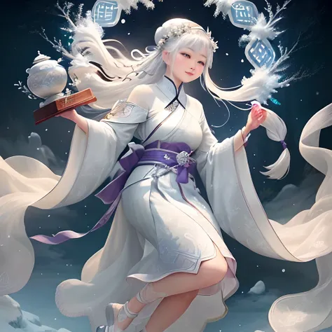 Prompt words:
HairstyleHair color description:Frosty long hair and waist，Qi bangs tied up on both sides，A strand of hair is pulled up on the top of the head and tied into a bow。The hair color is ice and snow silvery-white。
Description of clothing character...