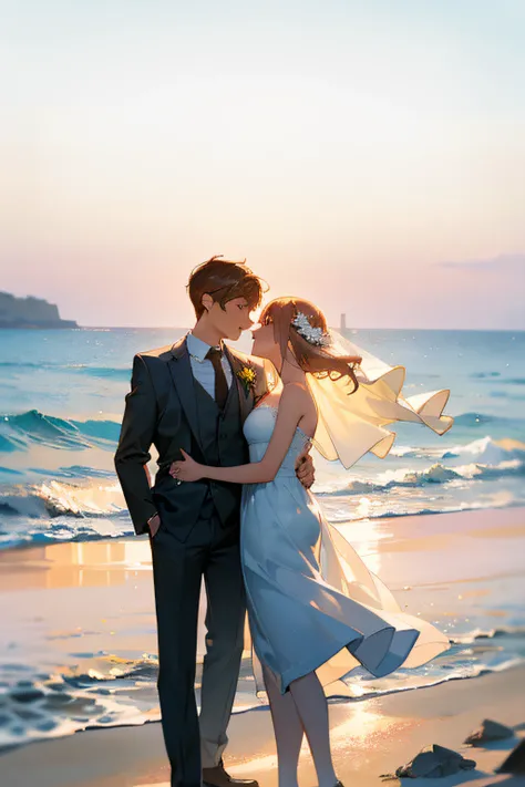 (Best quality,4K,A high resolution:1.2), Beautiful bride and groom standing on a rock by the sea,Candid wedding photography,cute couple,Portrait of love,Happy couple, Portrait of an intimate couple, Groom and bride,Romantic seaside wedding,Silhouette of th...