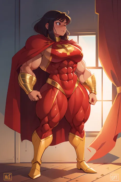 Southern muscle woman flexing muscles wearing golden superhero outfit with cape, muscle woman, big muscles, huge muscles, massive muscles, mature woman