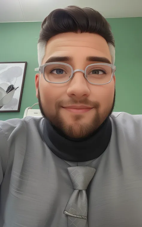 Um homem de 30 anos, com cabelos castanhos curtos,face de diamante, olhar rigoroso, e olhos castanhos, Wearing white white shirt with tie and glasses.