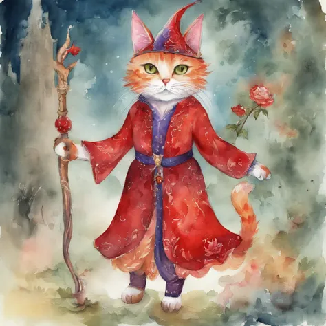 Cat costume procession　Fantastic atmosphere　Picture book illustrations　watercolor paiting　Overall, the color is strong red