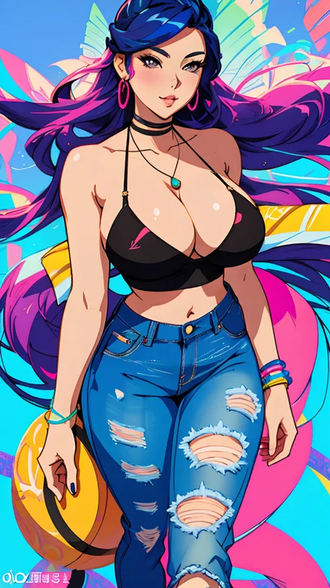 a close up of a woman in a bikini top and jeans, jen bartel, rossdraws cartoon vibrant, in style of digital illustration, digital anime illustration, colorful illustration, background artwork, 2d digital illustration, cartoon art style, rossdraws 1. 0, stu...