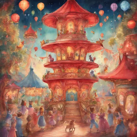 Cat amusement park　Fantastic atmosphere　Picture book illustrations　watercolor paiting　Overall, the color is strong red