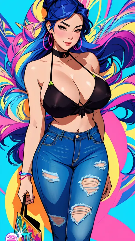 Masterwork, Best Quality, ultra-detailed, dynamic lighting, photo-realistic, a close up of a woman in a bikini top and jeans, jen bartel, rossdraws cartoon vibrant, colorful illustration, background artwork, cartoon art style, rossdraws 1. 0, stunning art ...