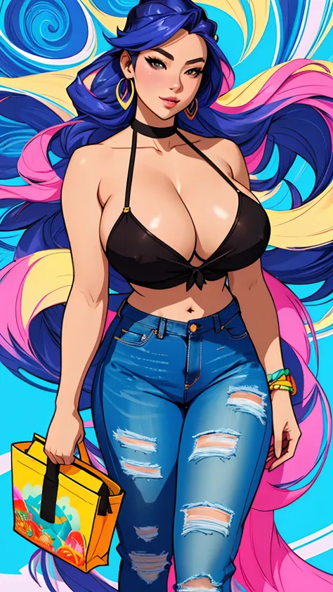 Masterwork, Best Quality, ultra-detailed, dynamic lighting, photo-realistic, a close up of a woman in a bikini top and jeans, jen bartel, rossdraws cartoon vibrant, colorful illustration, background artwork, cartoon art style, rossdraws 1. 0, stunning art ...