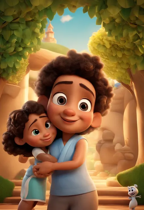 Create a Disney PIXAR-style 3D poster. ((centro da imagem,professora morena de cabelo longos, olhos pretos de kimono de jiu jitsu e faixa )), ((with the title Team Karina Dias))  ((7 children)) (( Theyre hugging each other, O menino tem pele castanha e cab...